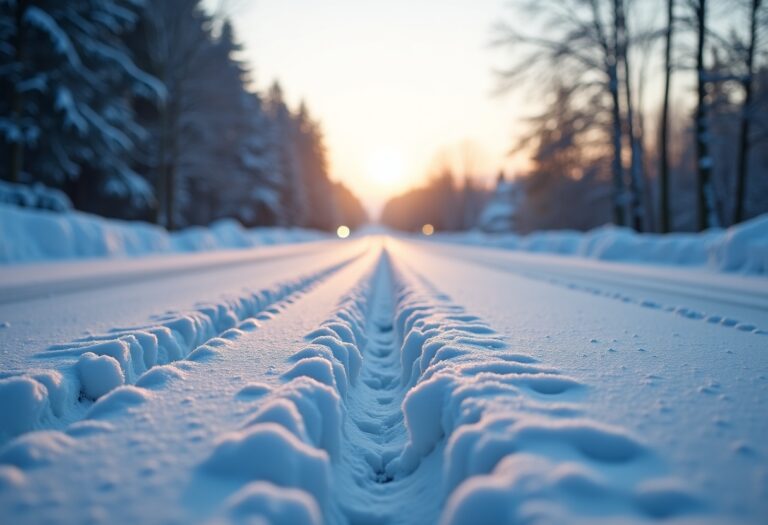 Car driving safely on a snowy road in winter