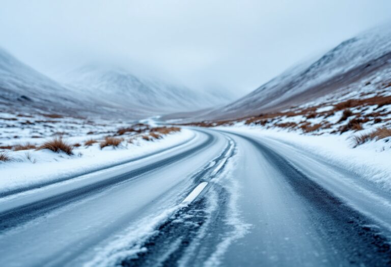 Icy landscape in Aberdeenshire with snow-covered hills