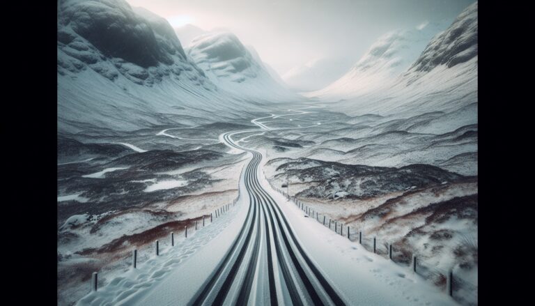 Snow-covered road in the Highlands during winter storm