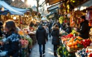 Affollato mercato vittoriano di Inverness in inverno