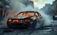 A driver escaping from a burning car in Banchory