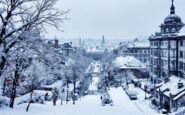 Snowy landscape in the UK with forecast details