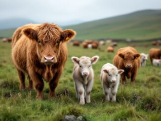 Newborn calves at Aikenshill Highlands Farm during calving season
