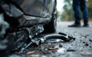Emergency services rescuing driver from crashed vehicle