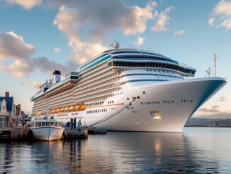 Viking Vela cruise ship docked in Aberdeen harbor