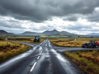 Collision between car and tractor causing traffic delays
