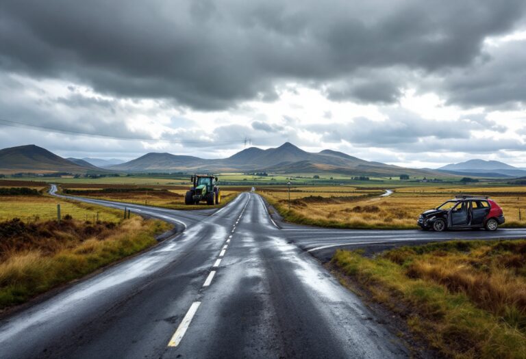 Collision between car and tractor causing traffic delays
