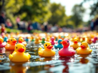 Participants enjoying the annual duck race in Pitmedden