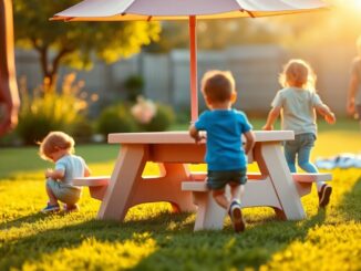 Discounted AIYAPLAY kids picnic table with parasol and sensory sand and water bins