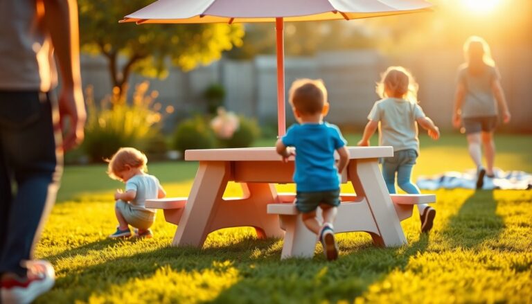 Discounted AIYAPLAY kids picnic table with parasol and sensory sand and water bins