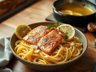 Quick lemon garlic salmon pasta with creamy sauce
