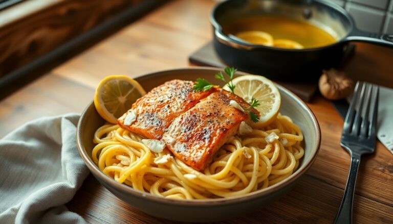 Quick lemon garlic salmon pasta with creamy sauce
